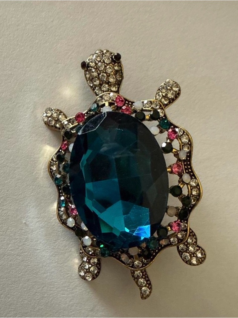 Vintage-Inspired Turtle Brooch with Deep Teal Crystal